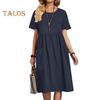 Women's Cotton Linen Summer Dress Round Neck Short Sleeve Midi Dress Loose Casual Beach Vacation Flowy Dress with Pockets