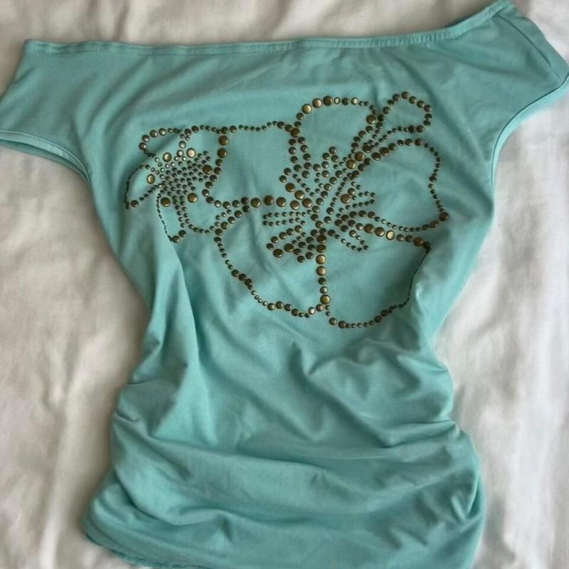 Y2K Millennium Sweet Spicy Asymmetrical Collar T-Shirt Womens Mint Green Floral Rhinestone Short Sleeve Slim Fit Vacation Top