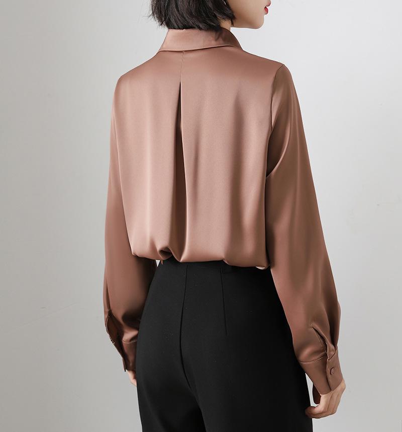 Women's Retro Satin Loose-Fit Long Sleeve Shirt - Hidden Placket, Hong Kong Style, Light Luxury for Spring & Autumn