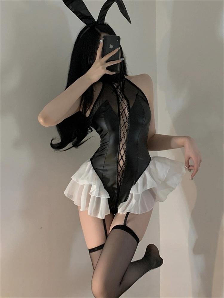 Lolita PU Faux Leather Halter Mini Thong Cosplay Female Swimsuit Women Swimwear Two-pieces Dress Set Bather Bathing Suit Swim