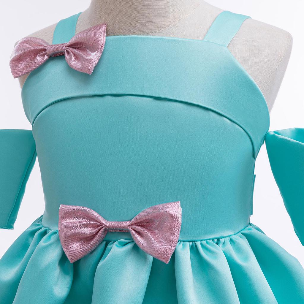 2025 New Cyan Bow Off-Shoulder Princess Dress for Girls