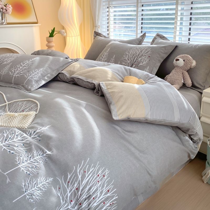 Thickened Pure Abraded Four-piece Set, Single Double Skin-friendly Twill Bed Sheet, Quilt Cover, Dormitory Three-piece Set, Bedding
