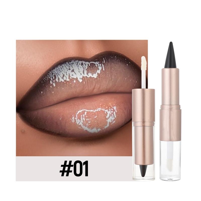 

2-IN-1 Tapered Gradient Lipliner Pen Nude Brown Mirror Glass Lip Gloss Matte Lip Liner Waterproof Lip Contour Non Stick Makeup 01#