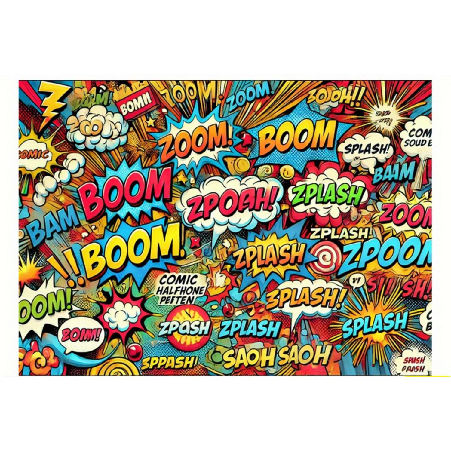 

Гобелен с изображением комиксного городского пейзажа в стиле поп-арт с репликами BOOM WOW. Идеально подходит для дней рождений, декора общежития, гостиной. Плоская печать. 74x94cm(29x37in)