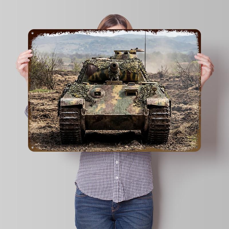 Camouflaged Tank In Field Printed Poster Customized Wall Art Retro Vintage Metal Tin Signs for Living Room Decorations House