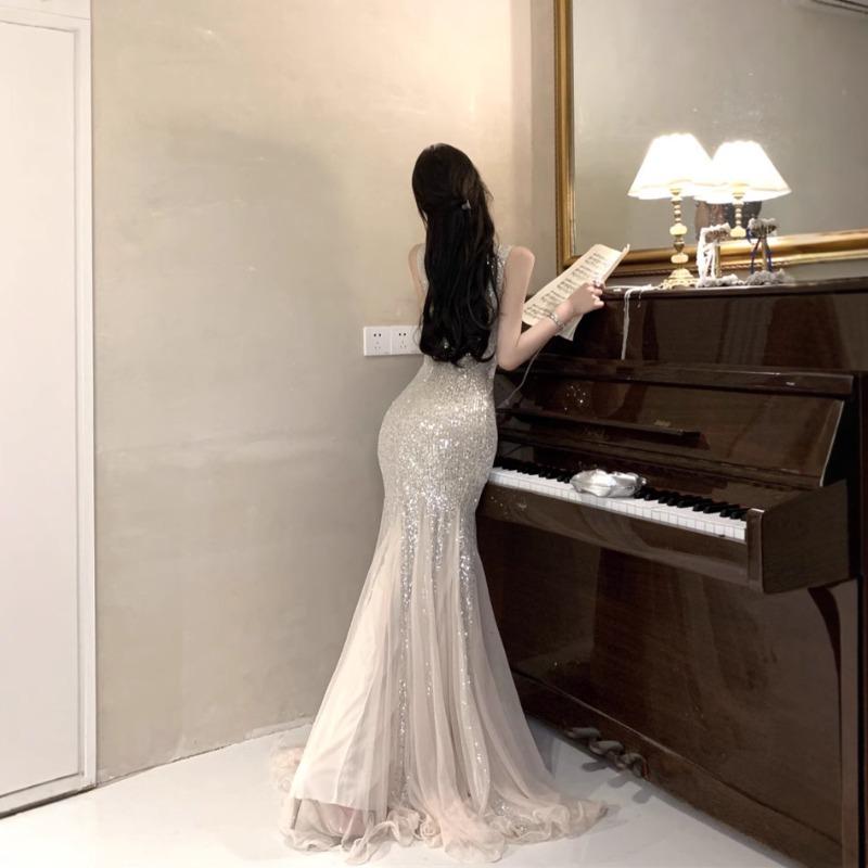 Summer New Socialite Banquet Evening Dress High-end Sequin Dress Mesh Fishtail Dress Small Dress Women
