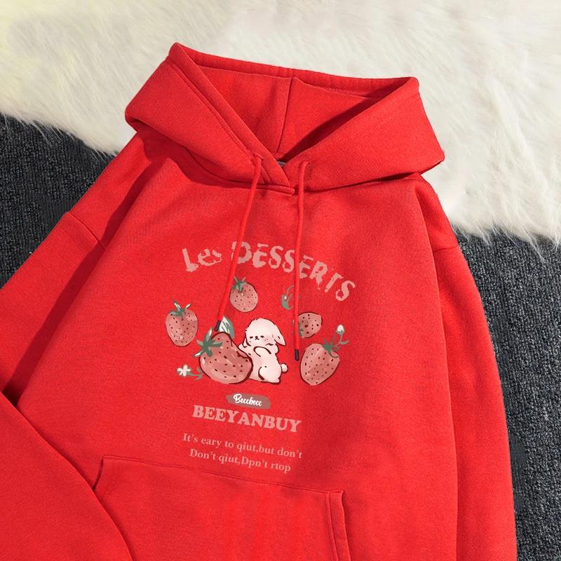 Strawberry Rabbit Print Hoodie Women Causal Kawaii Korean Style Fashion O-Neck Long Sleeve Pullover Autumn Winter Fleece Hoodie