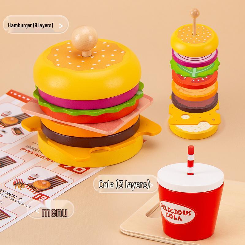 Wooden Hamburger & French Fries Pretend Play Set – Toy Kitchen Gift for Kids