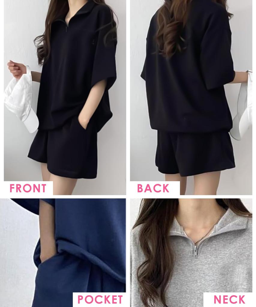 J.STORE Women's Short Sleeve Tracksuit Set (Gray, 5A-J01-GYM) - Zippered, Loungewear, and Pants. A cute, Korean-inspired slimming outfit.