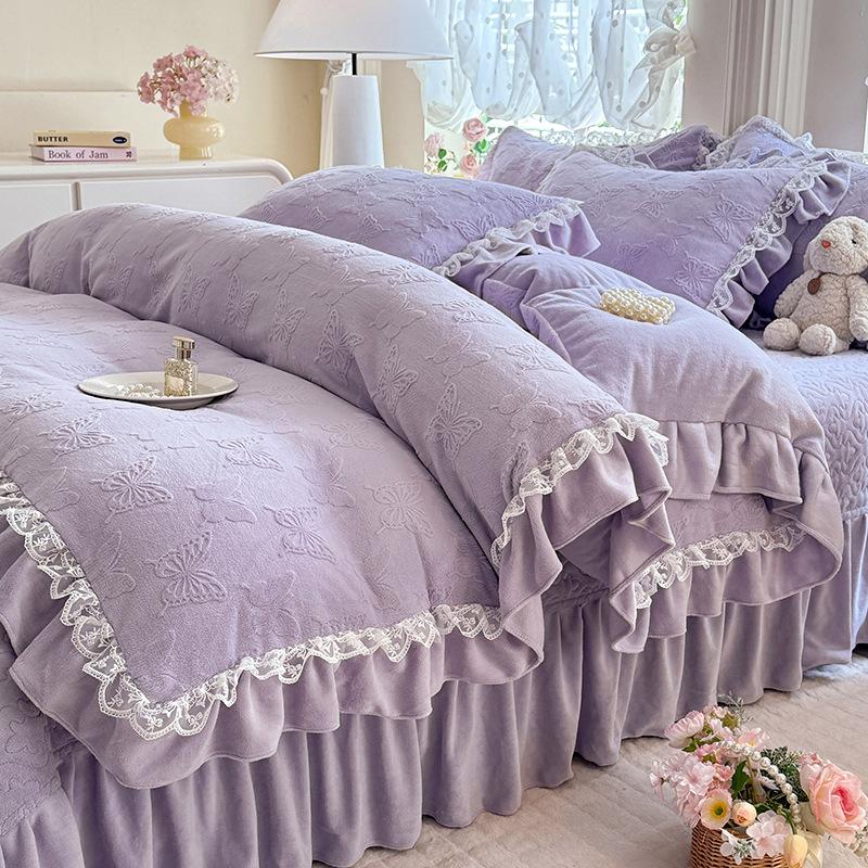 French Bed Cover Lace Thickened Milk Fleece Four-Piece Double-Sided Baby Fleece 1.8