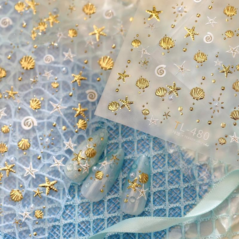 Gold Stamped Shell Conch Scallop Starfish Pearl 5D Embossed Self Adhesive Nail Art Stickers Delicate Ocean Style Manicure Decals