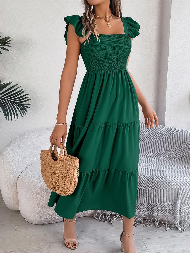 Square Neck Solid Color Dress High Waist Elegant Ruffle Edge Dress for Women Sleeveless Loose Dresses Causal Dress