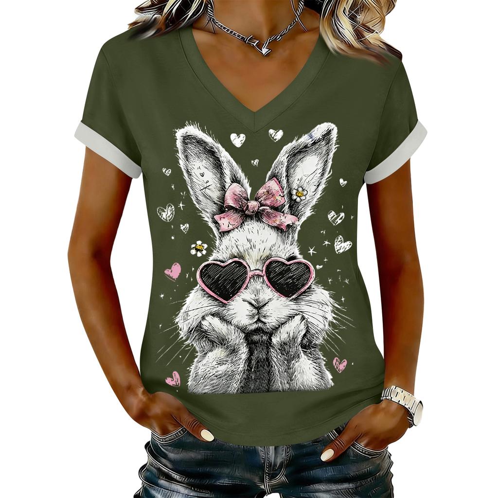 Women's Casual Printed T-Shirt V Neck Pullover Short Sleeve Top