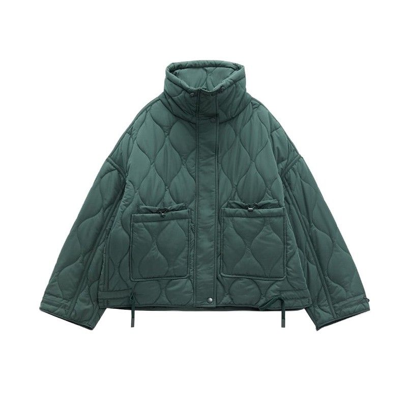 Autumn and Winter New Pocket Decoration Loose Long Sleeve Stand Collar Small Rhombus Cotton-padded Jacket Jacket 2969253