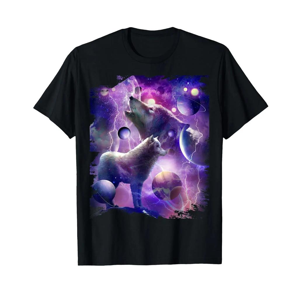 Cosmic Wolf Howling At Moon In Space T Shirt Vintage Unisex Graphic Comfortable Designer Clothes Homme