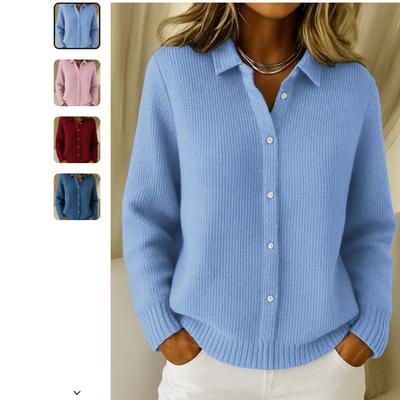 Women's Light Blue Knit Cardigan Long Sleeve Button Front Ribbed Hem Casual Loose Open Front Sweater