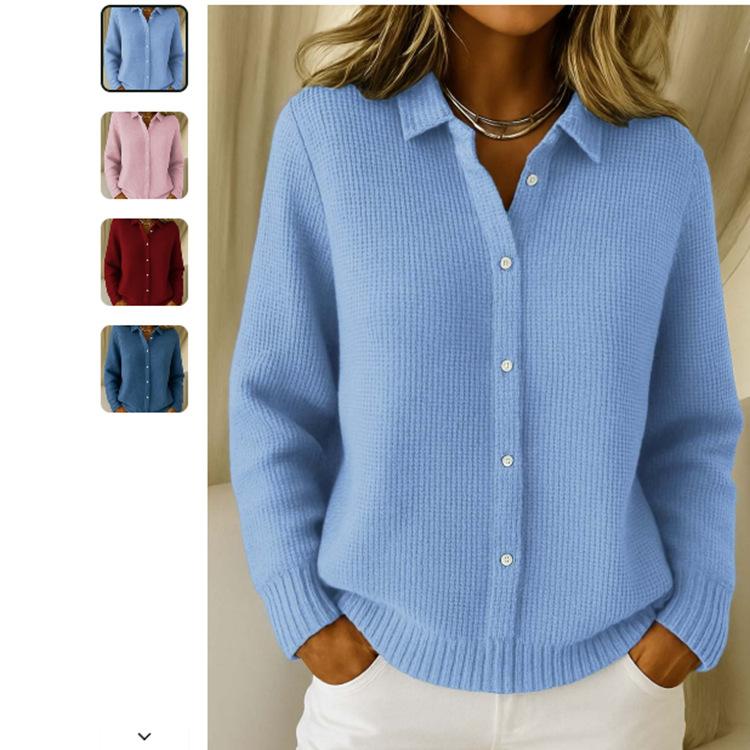 Women's Solid Color Casual Fashion Button Knitted Long Sleeve Lapel Sweater Cardigan Jacket