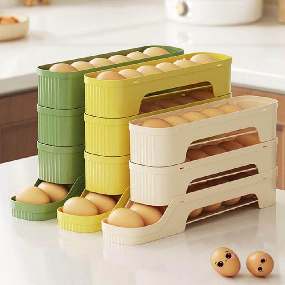 Large Capacity Auto Rolling Egg Organizer Plastic Egg Storage Box Portable Egg Roller Rack  Kitchen