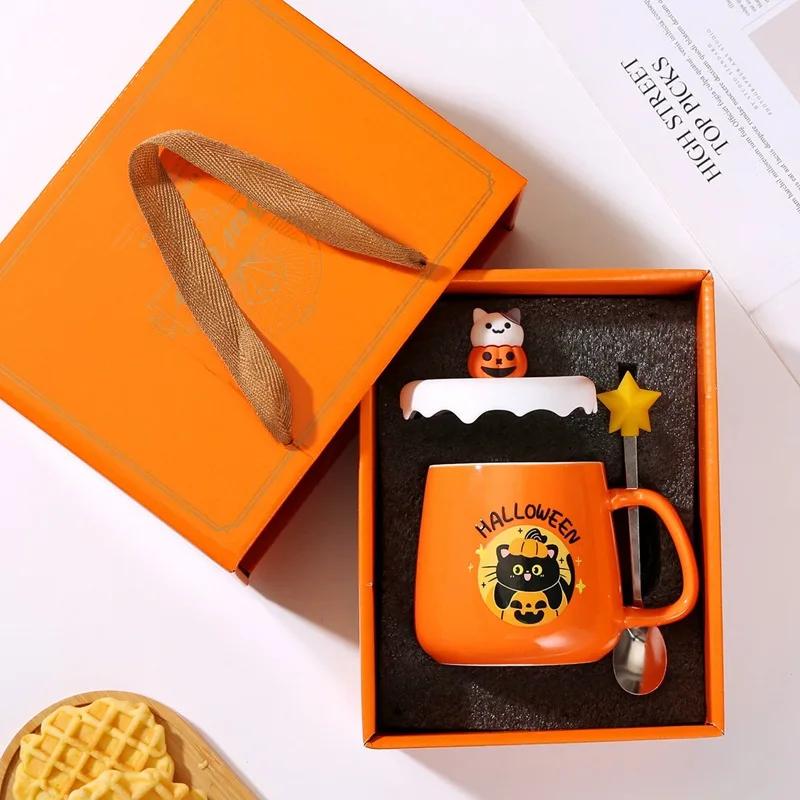 New 400ML Tea Mug Set with Lid Spoon for Water Juice Cute Cat Ghost Orange Halloween Ceramic Coffee Cup