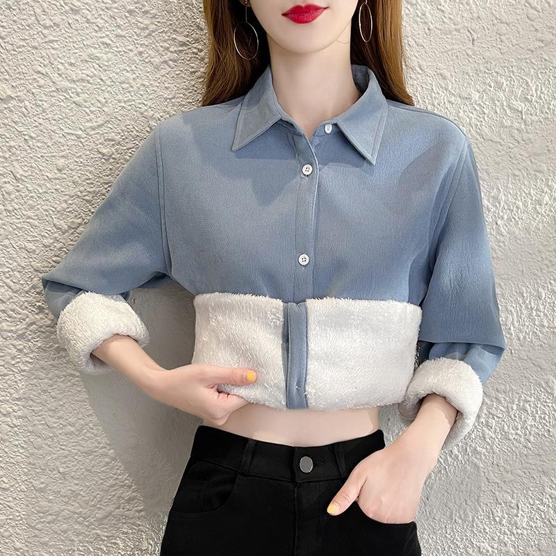 

Женская осенне-зимняя повседневная блузка на пуговицах, рубашка с длинным рукавом, винтажная женская теплая плюшевая рубашка L синий