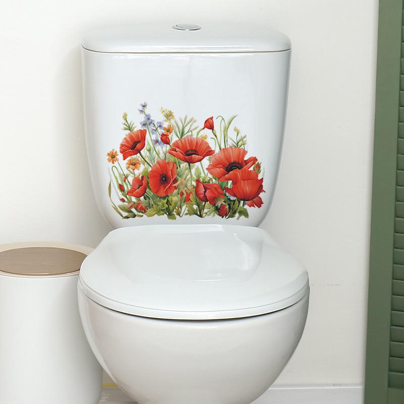 Elegante Mohnblumen und Grüne Pflanzen Toilettenaufkleber Wasserdicht Selbstklebend Abnehmbare Folie für Badezimmer WC Heimdekoration