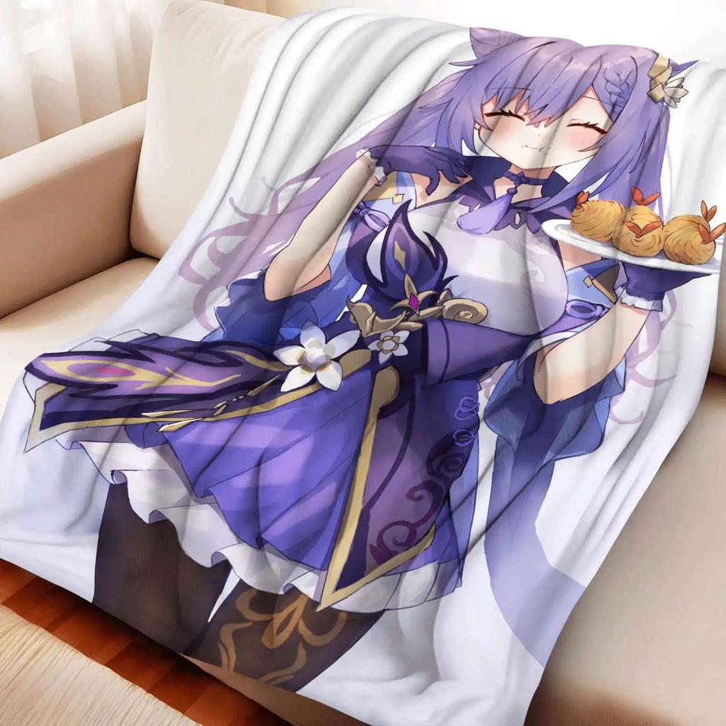 Cartoon Genshin Impact Keqing Flannel Blanket Cover Warmth Soft Anime Blanket Multifunctional Decor Home Universal Blankets