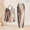 Women Plus Size Printed Nurse Scrub Set V Neck Long Sleeve Pockets Top Long Pants Two Piece