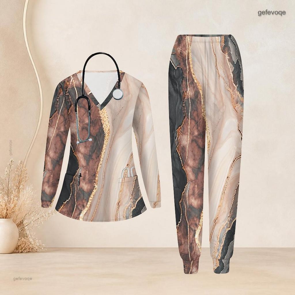 Women Plus Size Printed Nurse Scrub Set V Neck Long Sleeve Pockets Top Long Pants Two Piece