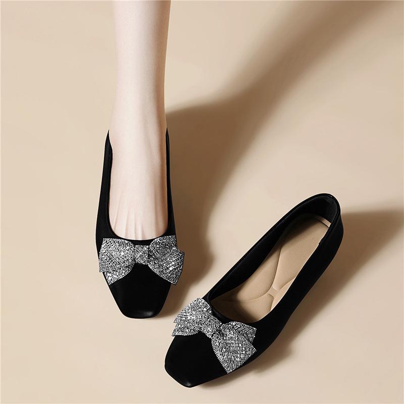 

French light luxury square head single shoes spring new rhinestone bow high heels high-end thick heel scoop shallow mouth women s shoes 35