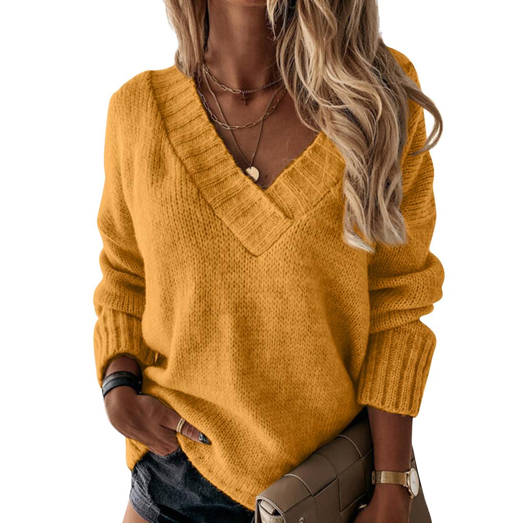 Women's Solid Color Sweater Women's V-neck Long Sleeved Pullover Sweater Top