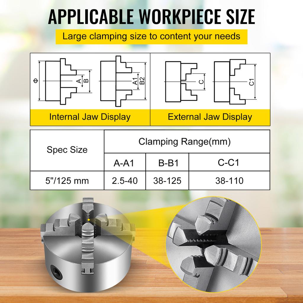 SucceBuy K72-125 Lathe Chuck 5 Inch 4-Jaw Independent Reversible Jaw Metal Lathe Chuck Turning Machine Accessories Lathes Use Tire Chucks 1