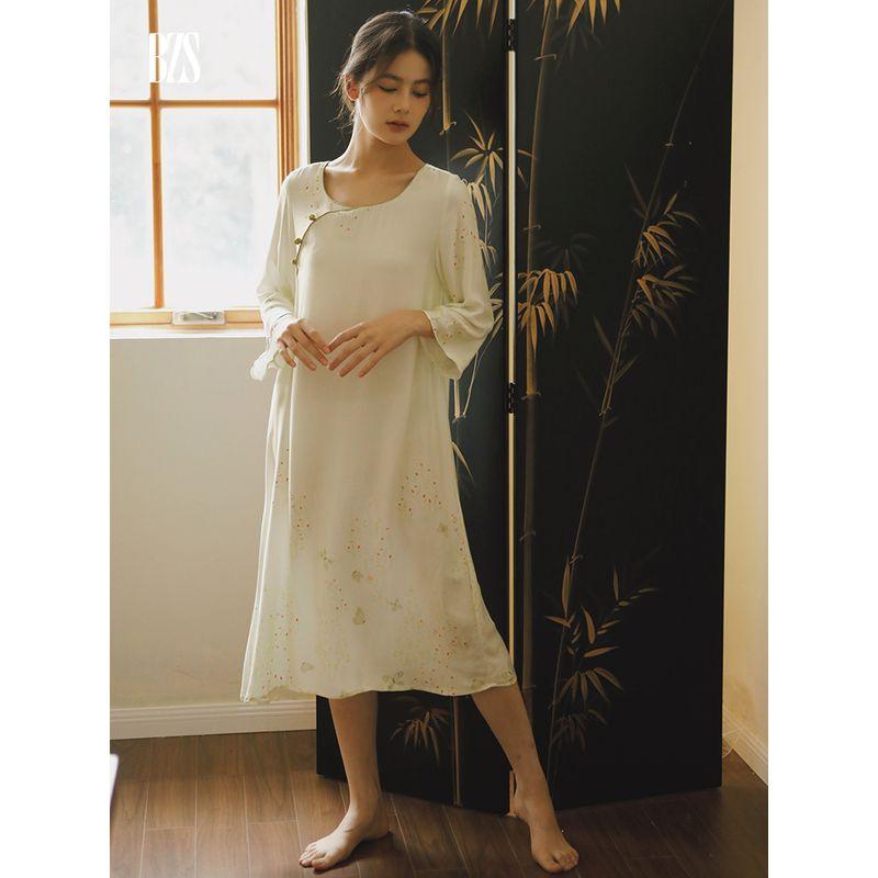 2024 Rayon Satin Plain and Elegant Print New Chinese Style Women's Long Sleeves Home Wear Can Be Outwear National Style Nightdress