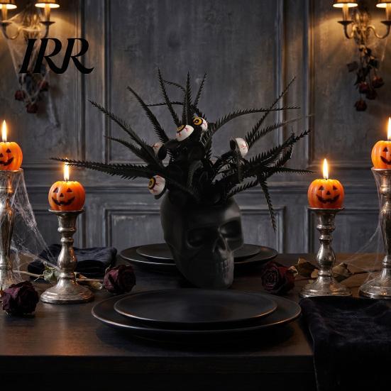 Spooky Skull Figurine Figurine, Black Red Rose Creepy Eyeballs Skeleton Halloween Lightweight Decoration Table Centerpiece for Tabletop, Desk, Mantel,