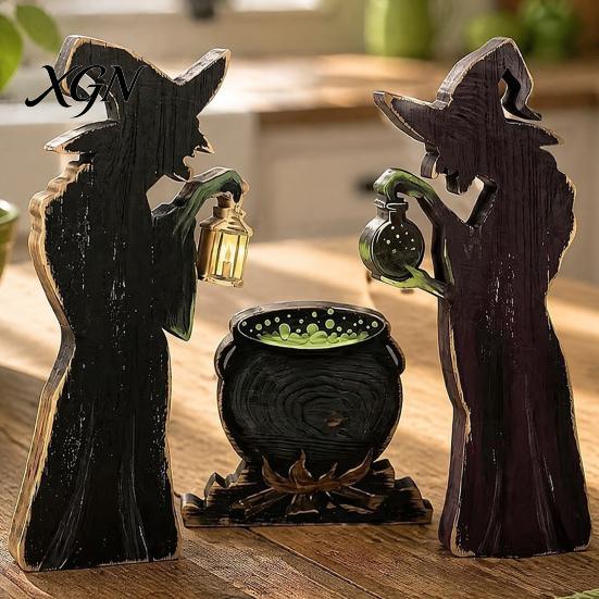 Decorative Witchy Silhouette Props 3Pcs Halloween Witch Cauldron Lantern Potion Bottle Table Decorations, Rustic Wooden Vintage Distressed Holiday