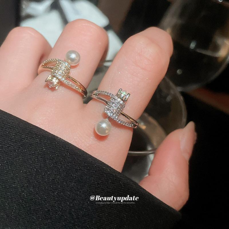 Japanese and Korean style simple zircon geometric opening pearl ring niche high-end index finger ring fashion exquisite ring women