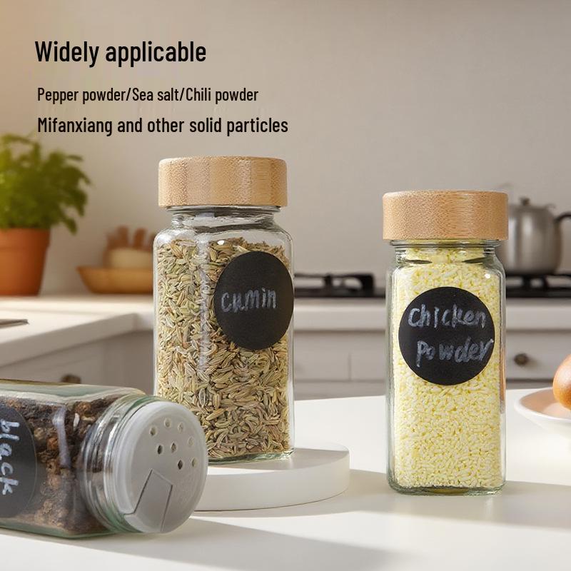 Square Glass Spice Jars with Solid Wood Lids - Kitchen Storage Set