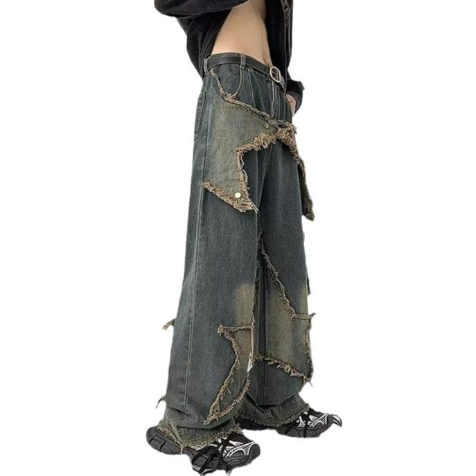 American Retro Men's Star Raw Edge Washed Loose Straight Jeans