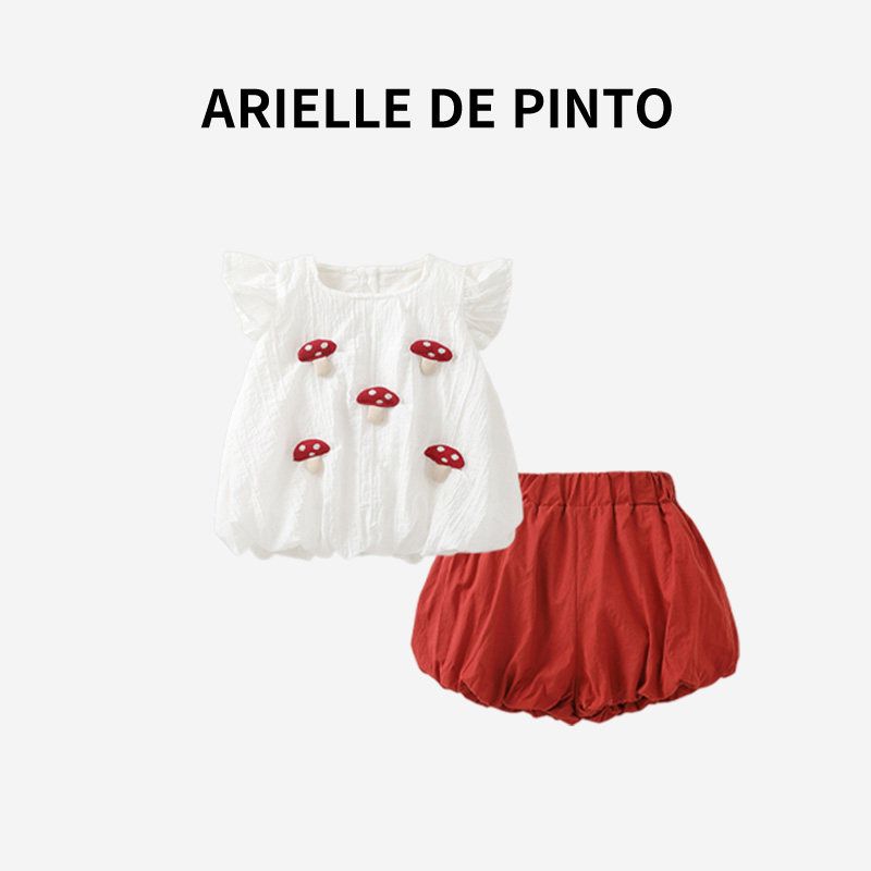 French Arielle De Pinto Girls  Two-Piece Summer Stylish Short-Sleeved Suit with Small Mushroom Pattern Red Suit 80