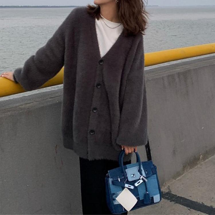Mink Cashmere V-Neck Knit Cardigan: 2026 Spring/Autumn Korean Style Loose Sweater Coat for Women