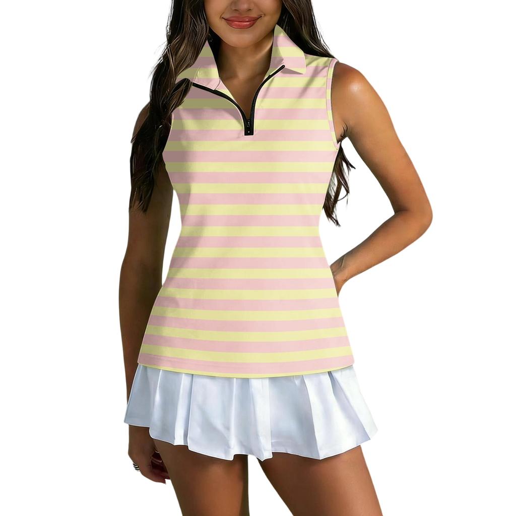 Women Sleeveless Golf Polo Shirt Zip Collar Striped Print Athletic Tank Top for Outdoor Sports Casual Wear