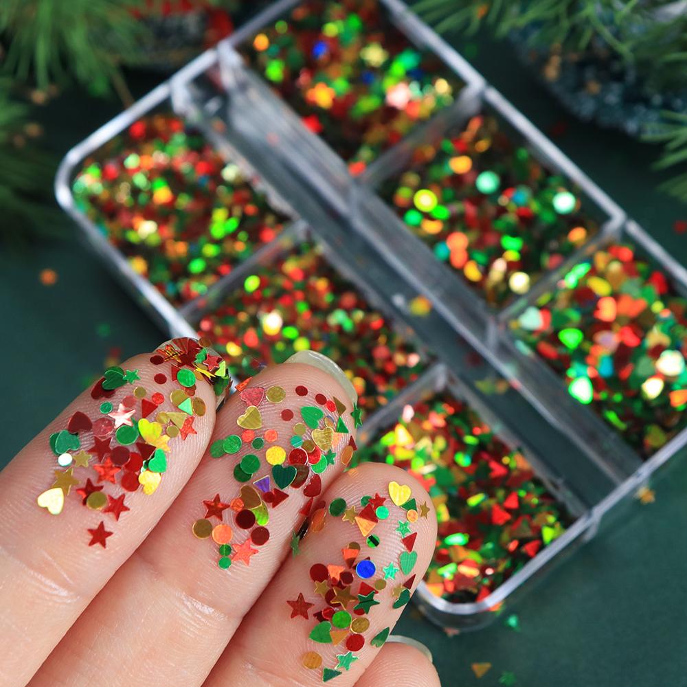 1 Box Christmas Nail Art Sequin Decorations, Mixed-shape Glitter Star, Heart Designs, Festive Nail Parts, Xmas Parties Nail Art Supplies