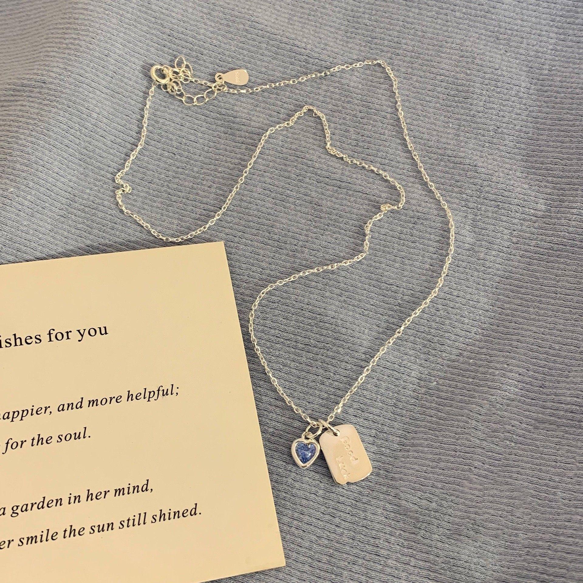 Sweet Blue Heart Square Pendant Necklace - Versatile Clavicle Chain for Women, Trendy Internet Celebrity Style