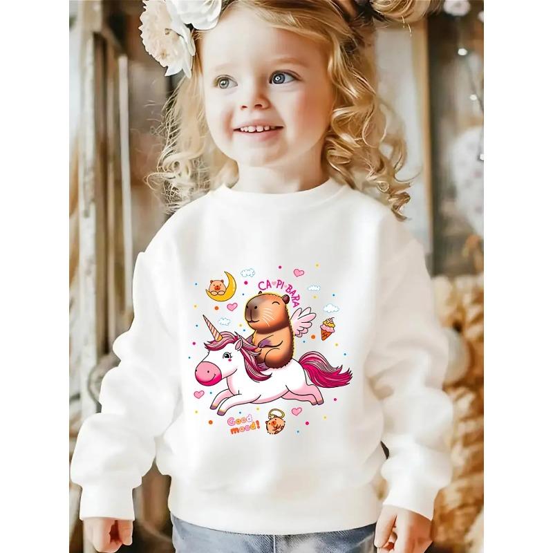 European sizes Kids' Crewneck Sweatshirt - Capybara Unicorn Flying Happy Cute , Sportswear And Casual Wear, Soft And Comfortable, Clothing, Teenagers