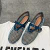 Sheepskin Version~ Round Head Design Fish Grid Hollow Ballet Shoes Women's Summer Blue Fashion Flat-bottomed Belt Buckle Single Shoes