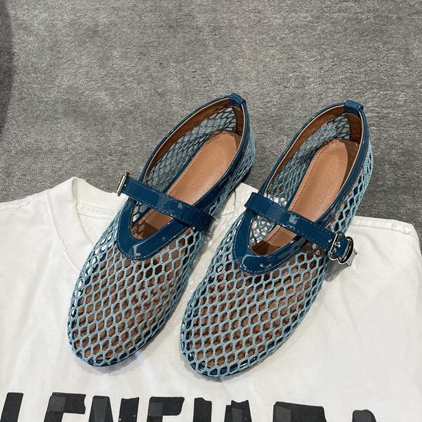 Sheepskin Version~ Round Head Design Fish Grid Hollow Ballet Shoes Women's Summer Blue Fashion Flat-bottomed Belt Buckle Single Shoes