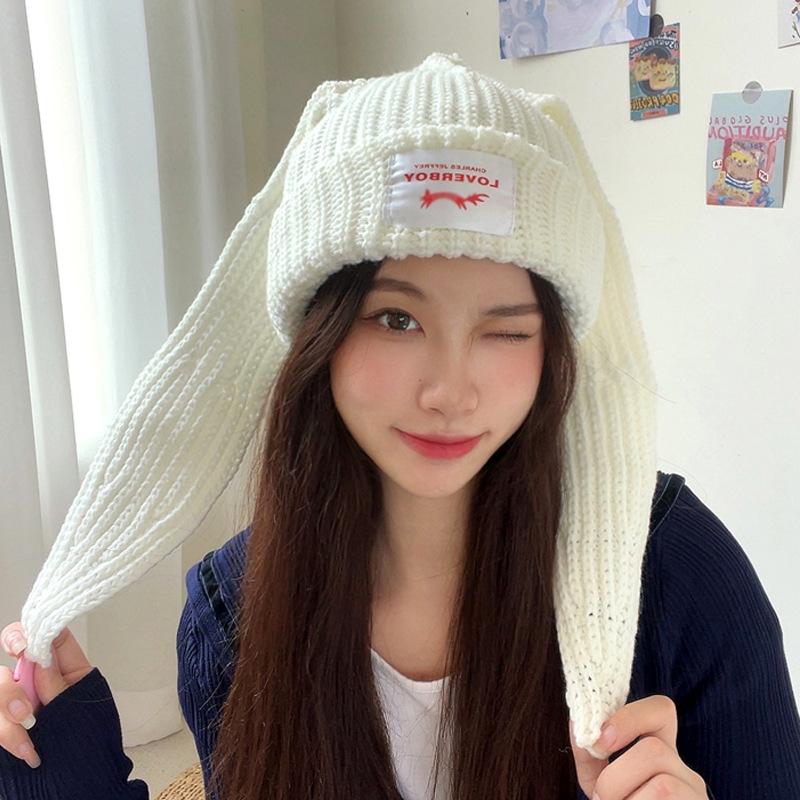 Cute Rabbit Long Ears Wool Hat for Women In Autumn and Winter Warmth and Thick Ear Protection and Cold Protection Knitted Hat Trend