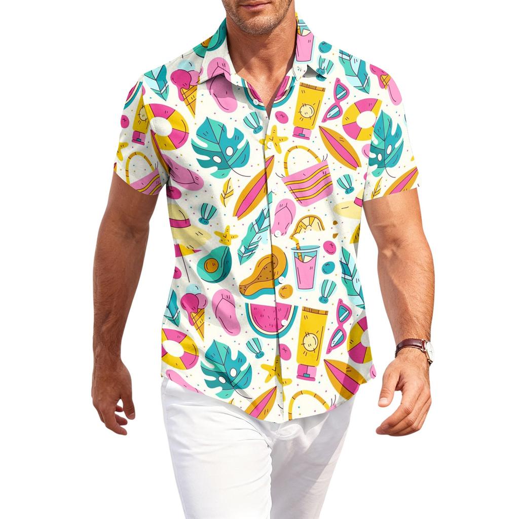 Men's Casual Loose Fit Hawaiian Short Sleeve Shirt Lightweight Button Down Tropical Printed Shirt for Summer Beach Vacation