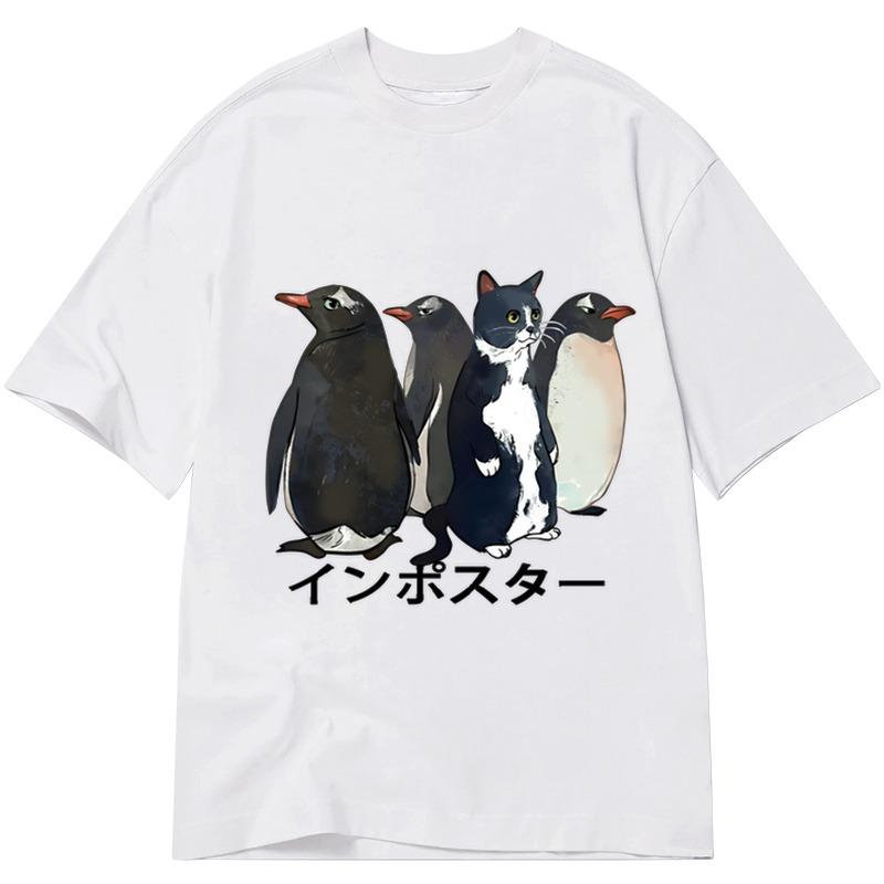 

Men s Pure Cotton Holiday T-shirts Casual Penguins And Cat Printing Classic Tees Oversized Short Sleeve O-neck Harajuku S