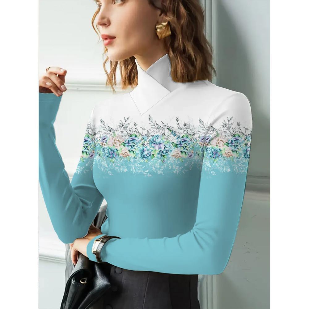 Women's Cheongsam Collar Long-sleeved T-shirt with Blue and White Gradual Change Base Color and Floral Positioning Pattern Print