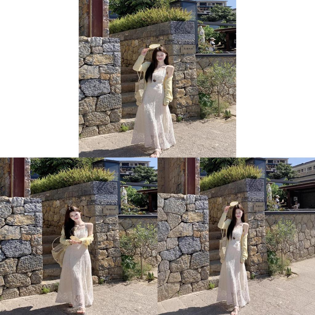 Summer Beach Vacation Maxi Dress With Lace Trim For Women